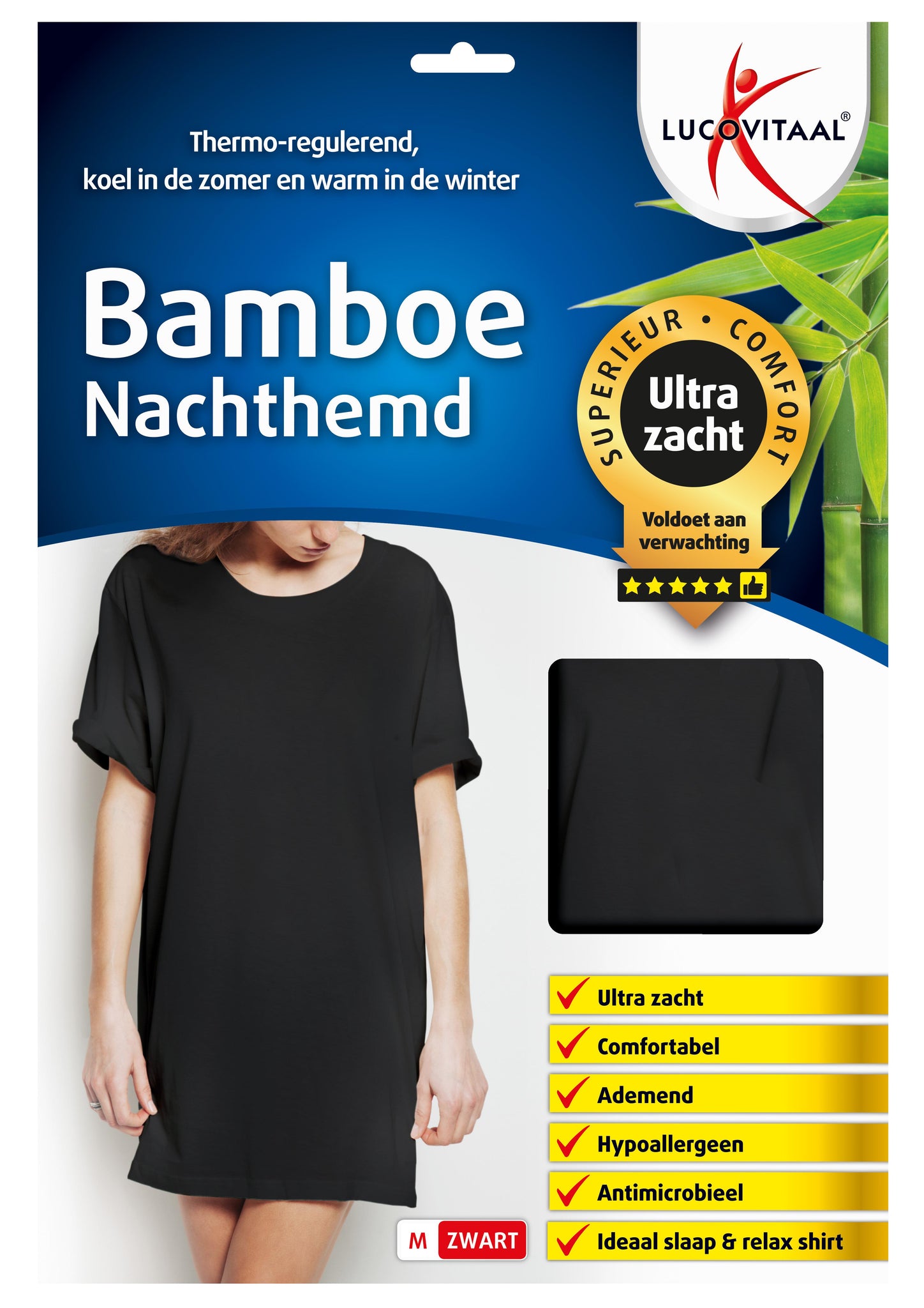 LUCOVITAAL BAMBOE NACHTHEMD-M-KORTE MOUW ZWART